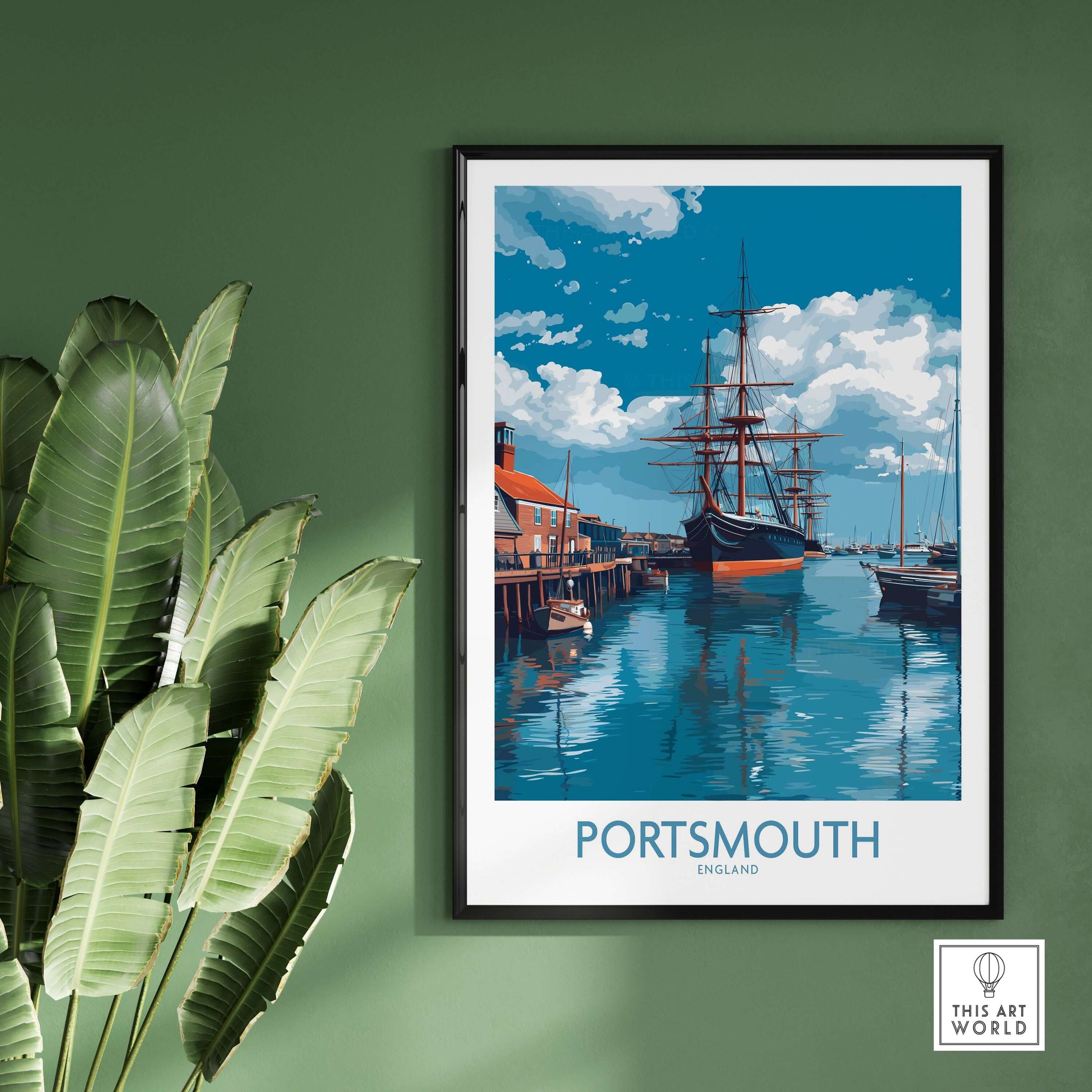 Portsmouth England Art Print | Naval Dockyard Poster showcasing a colorful waterfront scene with ships and clouds.
