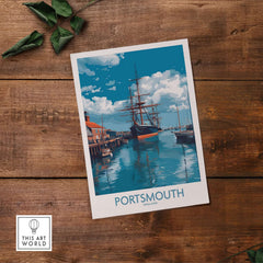 Portsmouth England Art Print | Naval Dockyard Poster showcasing a historic dockyard and ship on water.