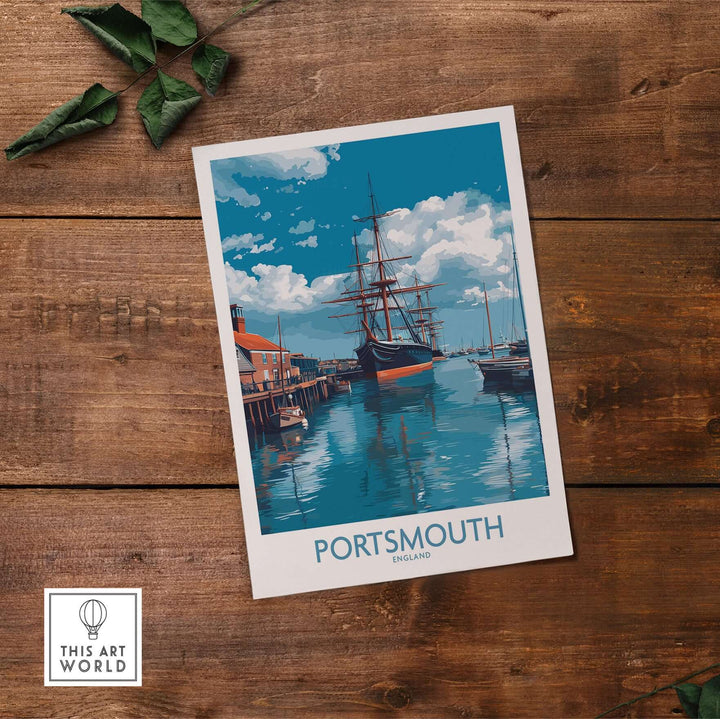 Portsmouth England Art Print | Naval Dockyard Poster showcasing a historic maritime scene with a ship and waterfront.