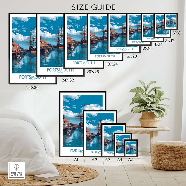 Portsmouth England Art Print | Naval Dockyard Poster size guide showcasing various frame sizes for artwork display.