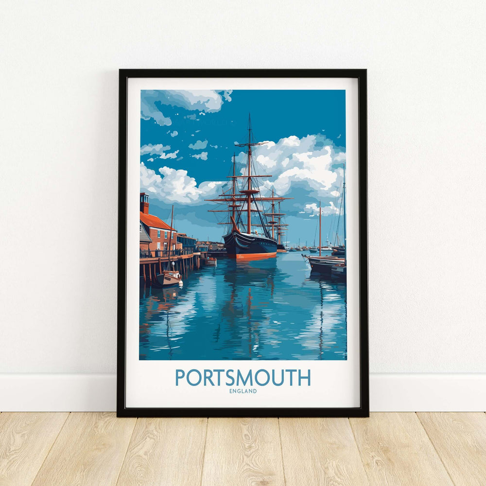 Portsmouth England Art Print | Naval Dockyard Poster showcasing a historic dockyard scene with a ship and waterfront.