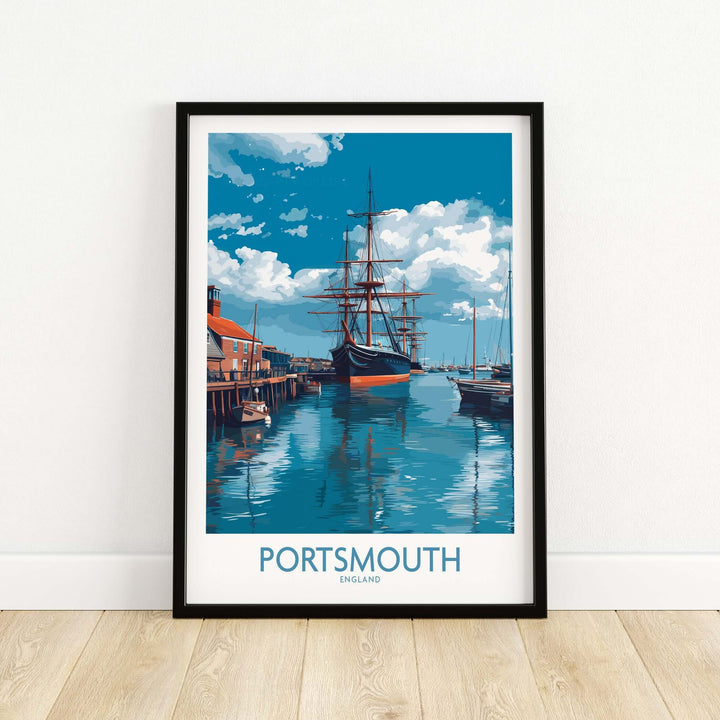 Portsmouth England Art Print | Naval Dockyard Poster showcasing a historic dockyard scene with a ship and waterfront.