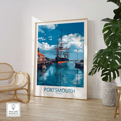 Portsmouth England Art Print | Naval Dockyard Poster showcasing a scenic view of the historic dockyard and ship.