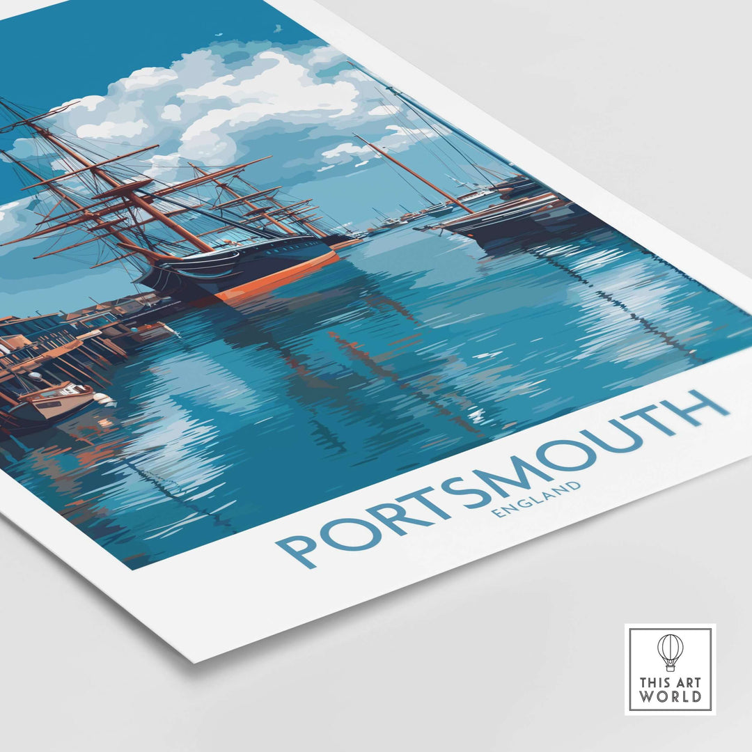 Portsmouth England Art Print | Naval Dockyard Poster showcasing historic ships and waterfront reflections.