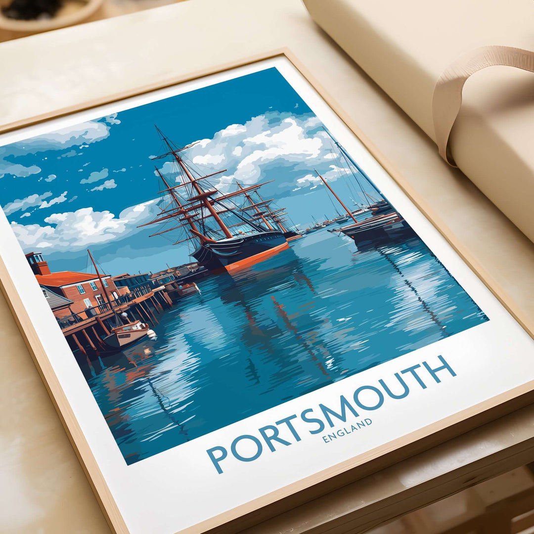 Portsmouth England Art Print | Naval Dockyard Poster showcasing a historic dockyard scene with ships and reflections.