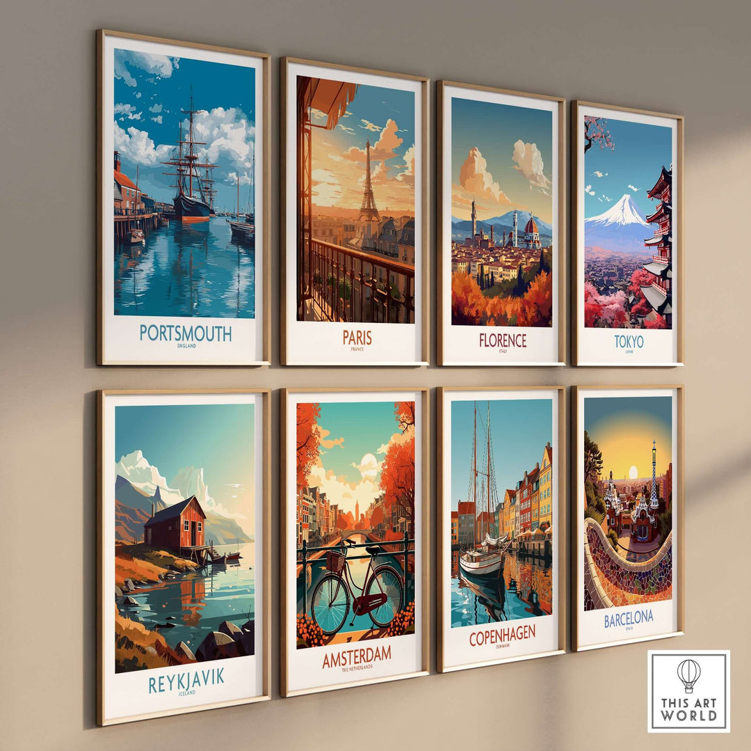 Portsmouth England Art Print | Naval Dockyard Poster displayed among city-themed art prints on a wall.