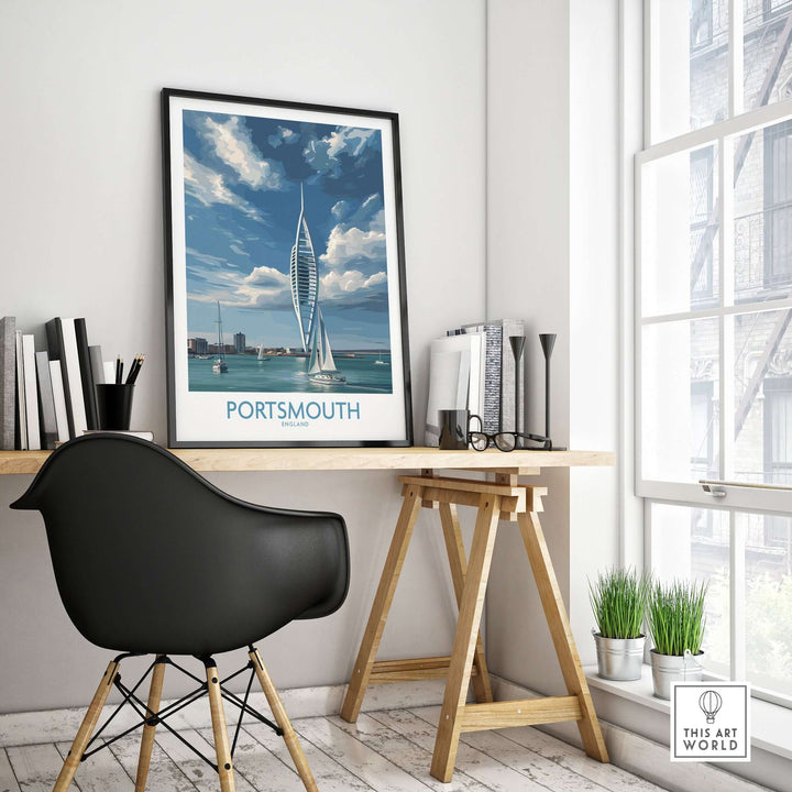 Portsmouth England Spinnaker Tower Art Print | Sailing Waterfront Poster displayed in a modern workspace.