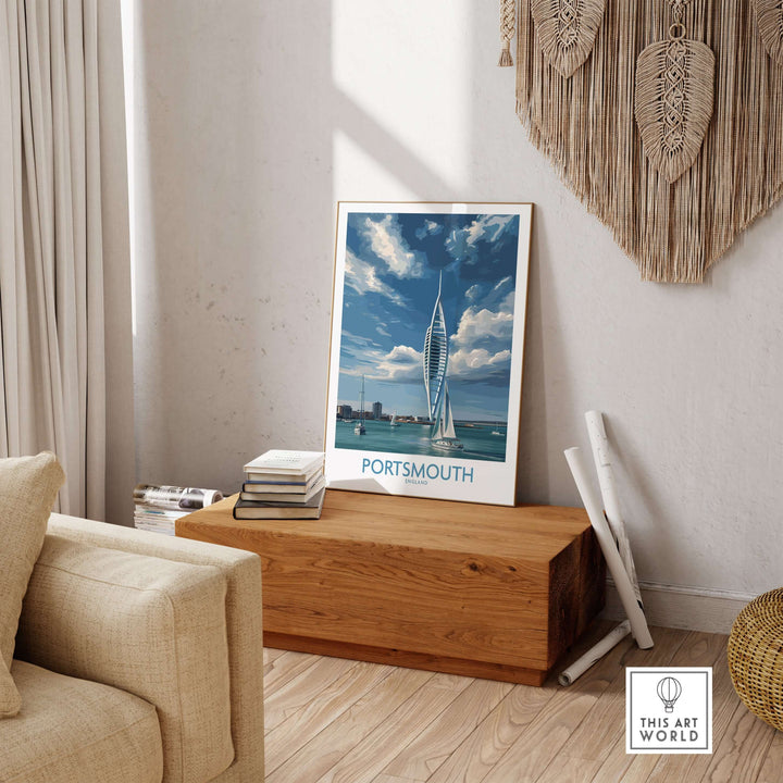 Portsmouth England Spinnaker Tower Art Print | Sailing Waterfront Poster displayed in a cozy living room setting.