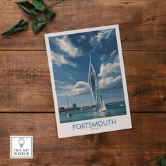 Portsmouth England Spinnaker Tower Art Print | Sailing Waterfront Poster on wooden surface.