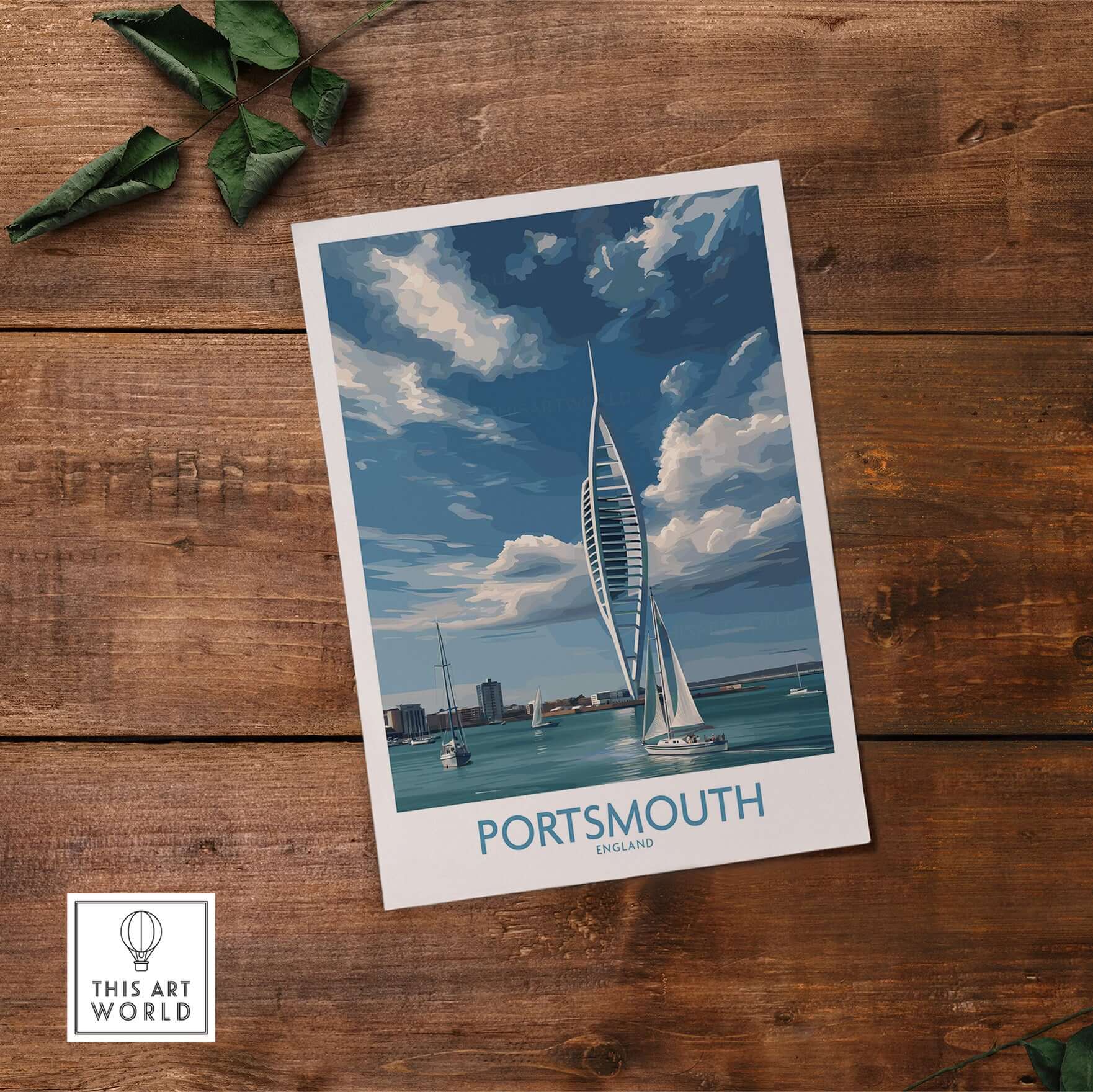 Portsmouth England Spinnaker Tower Art Print | Sailing Waterfront Poster on wooden surface.