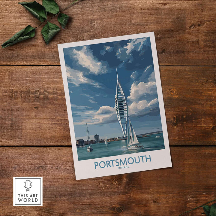 Portsmouth England Spinnaker Tower Art Print | Sailing Waterfront Poster displayed on wooden surface.