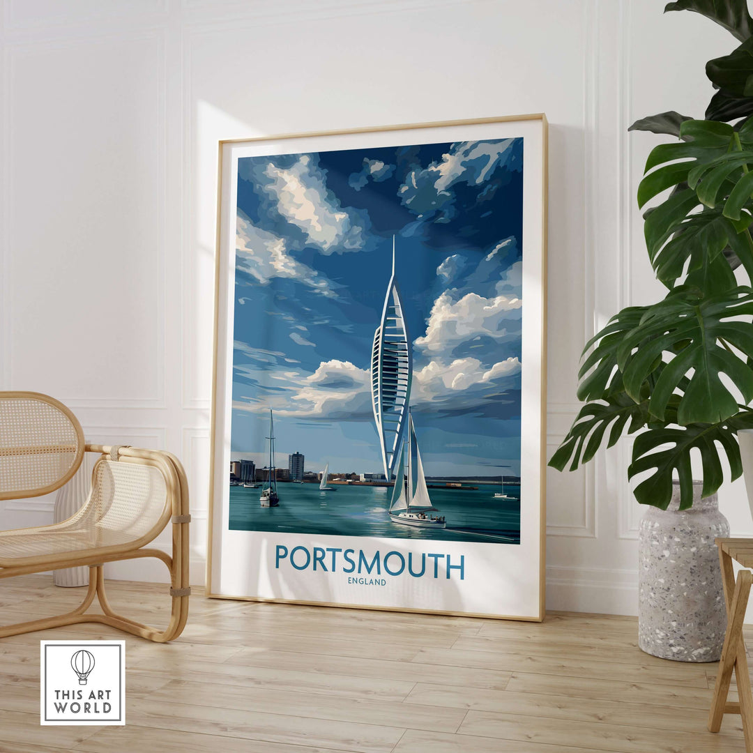 Portsmouth England Spinnaker Tower Art Print | Sailing Waterfront Poster displayed in a modern interior setting.