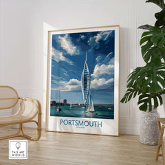 Portsmouth England Spinnaker Tower Art Print | Sailing Waterfront Poster displayed in a stylish interior setting.