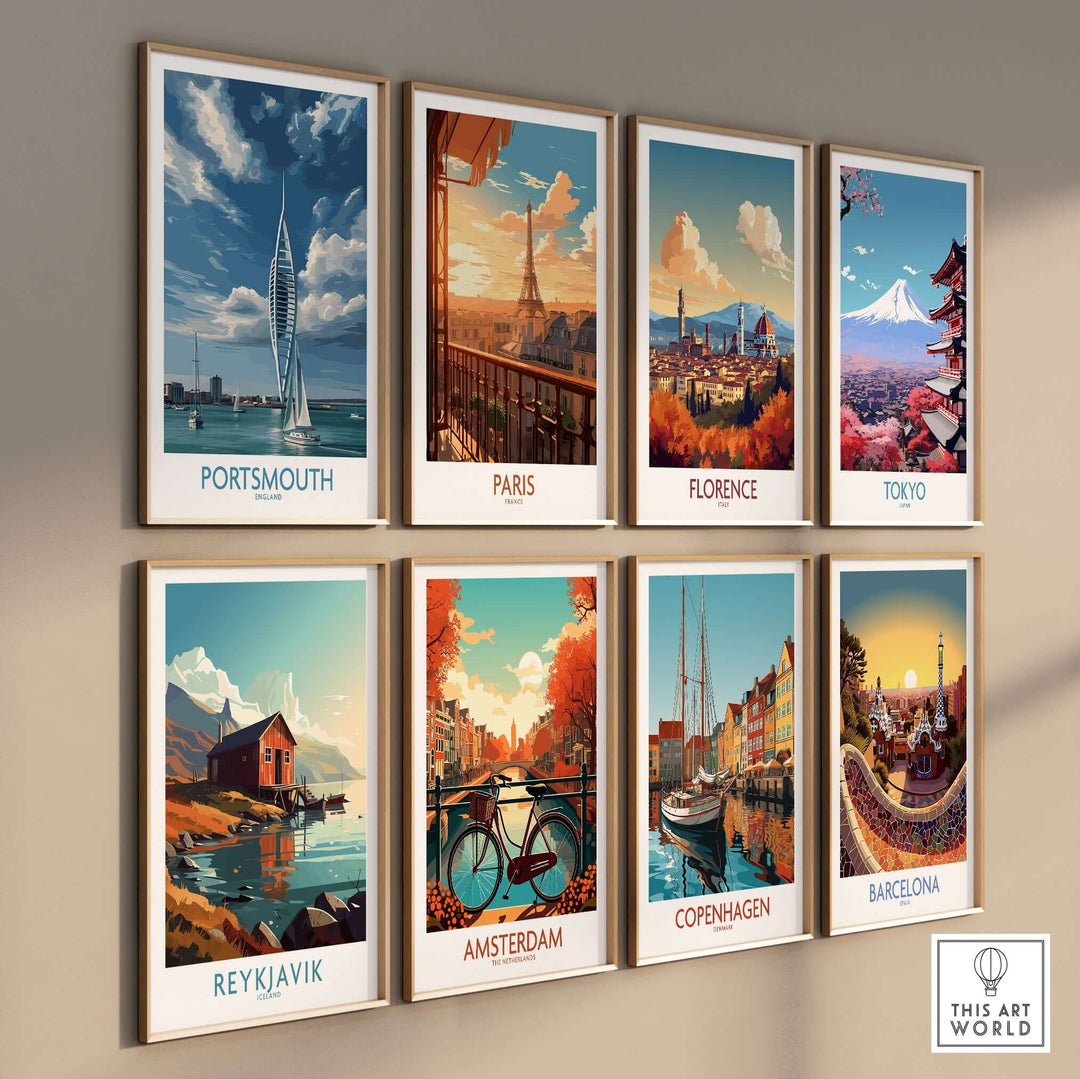 Portsmouth England Spinnaker Tower Art Print | Sailing Waterfront Poster displayed among various city art prints.