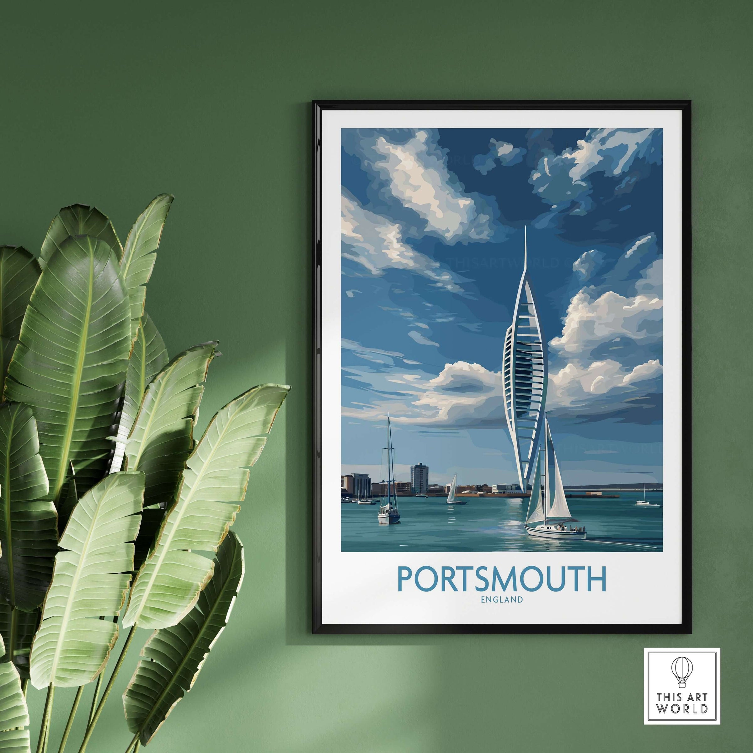 Portsmouth England Spinnaker Tower Art Print | Sailing Waterfront Poster displayed on green wall with plants.
