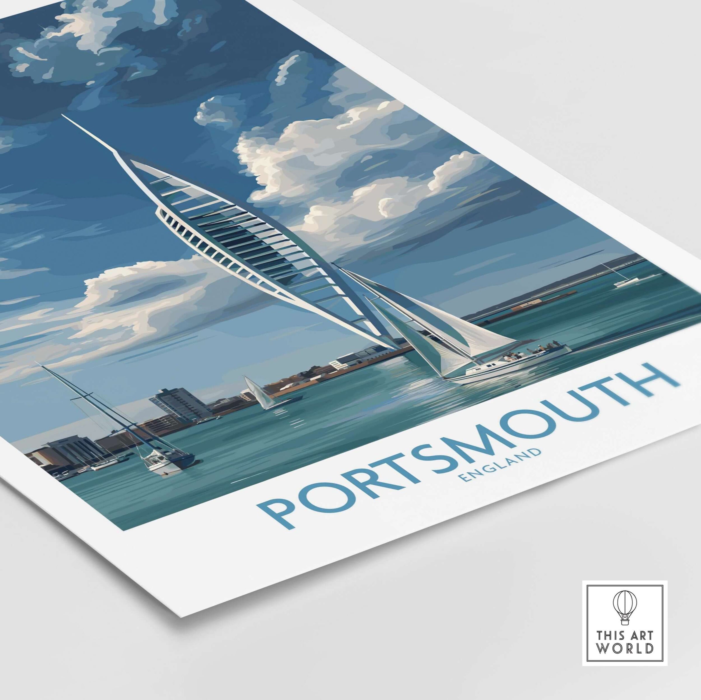 Portsmouth England Spinnaker Tower Art Print | Sailing Waterfront Poster featuring the iconic Spinnaker Tower in a vibrant coastal scene.