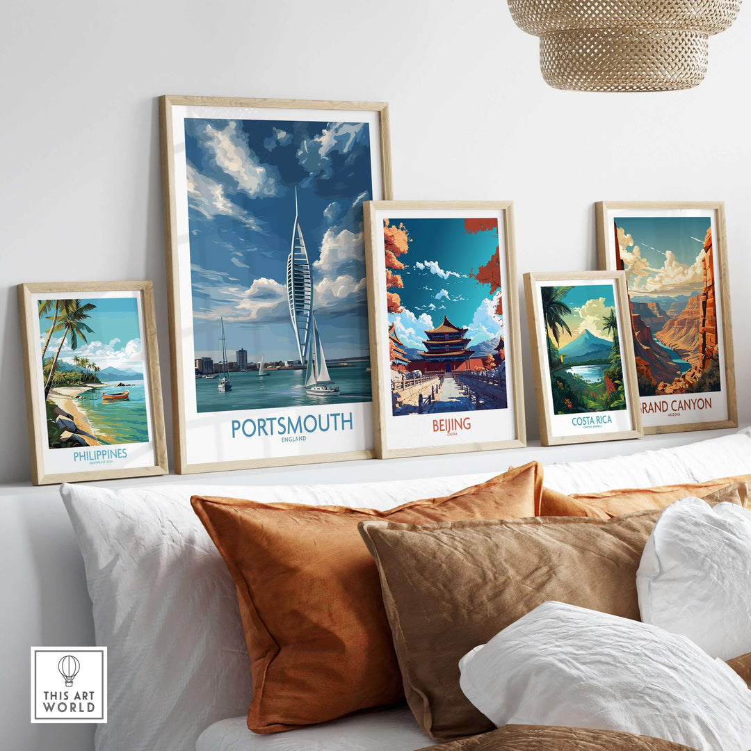 Portsmouth England Spinnaker Tower Art Print | Sailing Waterfront Poster displayed among various travel art prints