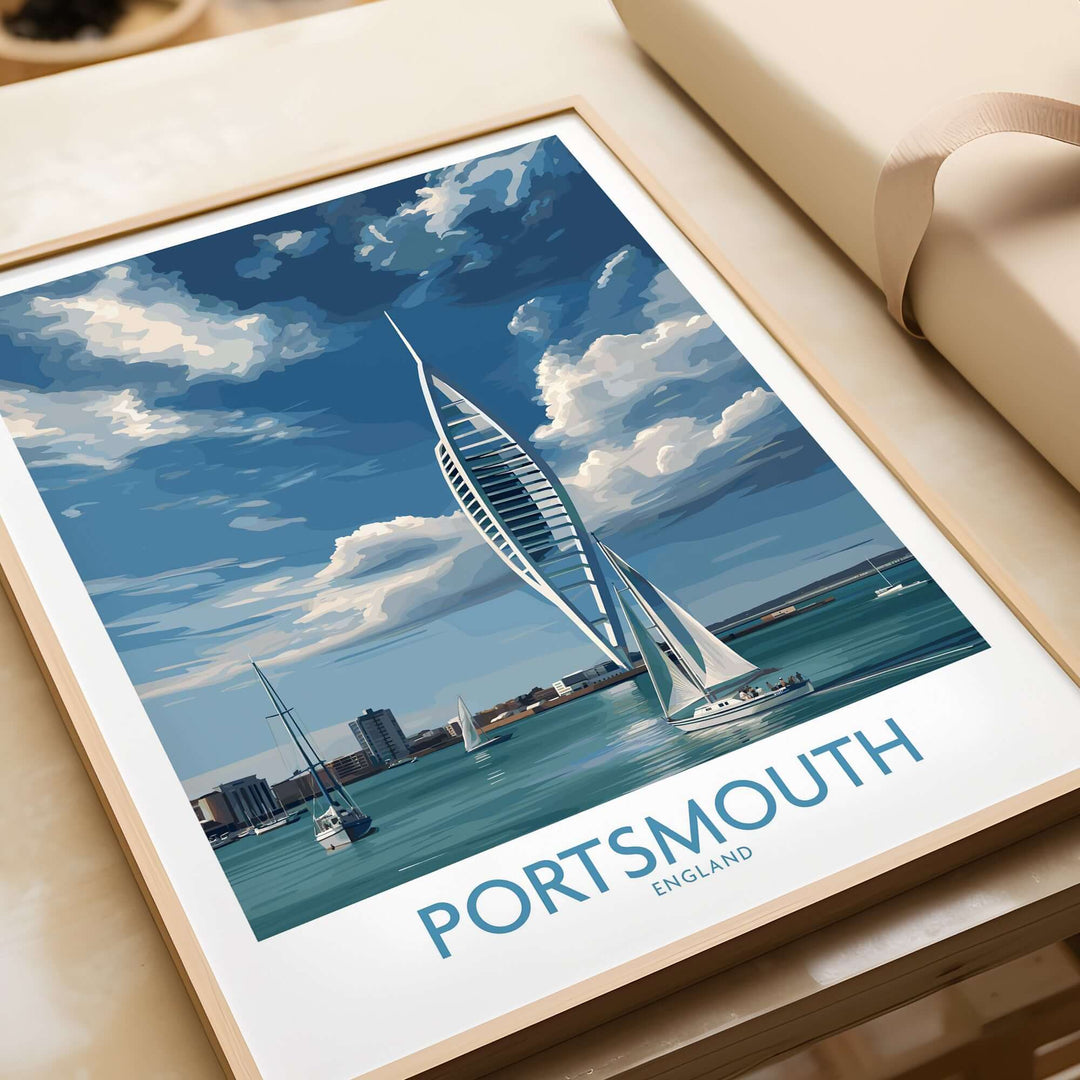 Portsmouth England Spinnaker Tower Art Print | Sailing Waterfront Poster showcasing a vibrant coastal scene.