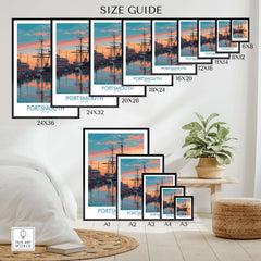 Portsmouth England Sunset Art Print | Naval Heritage Poster size guide showcasing available frame options.