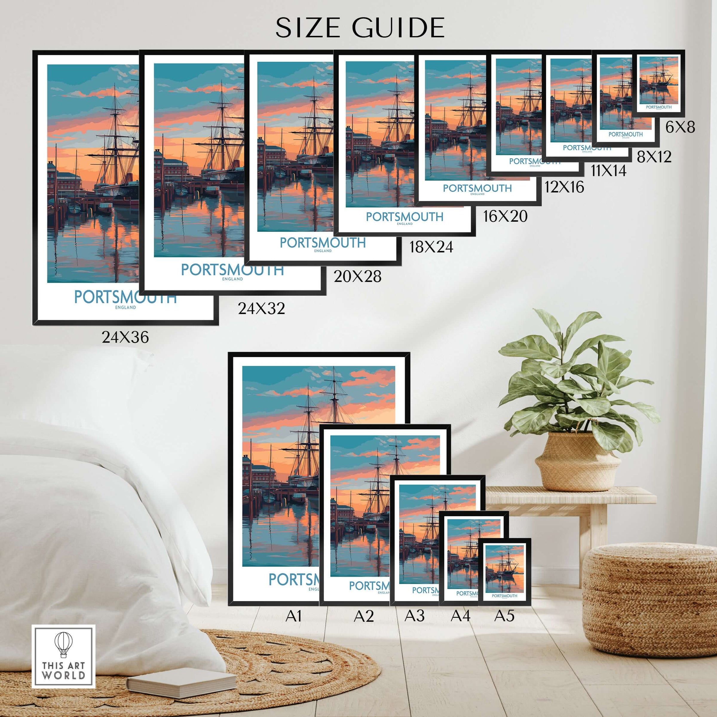 Portsmouth England Sunset Art Print | Naval Heritage Poster size guide showcasing available frame options.