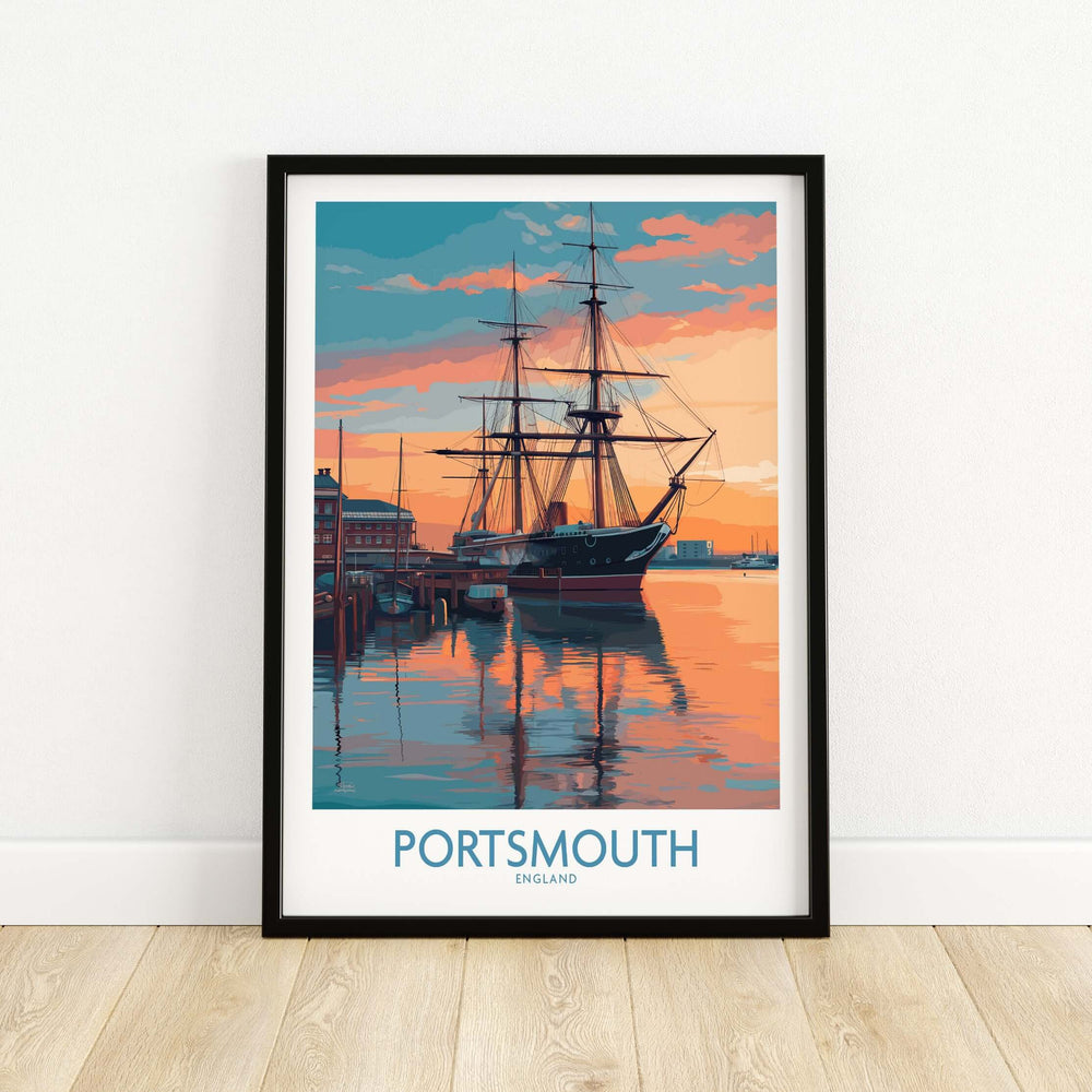 Portsmouth England Sunset Art Print | Naval Heritage Poster showcasing ship and waterfront in warm colors.