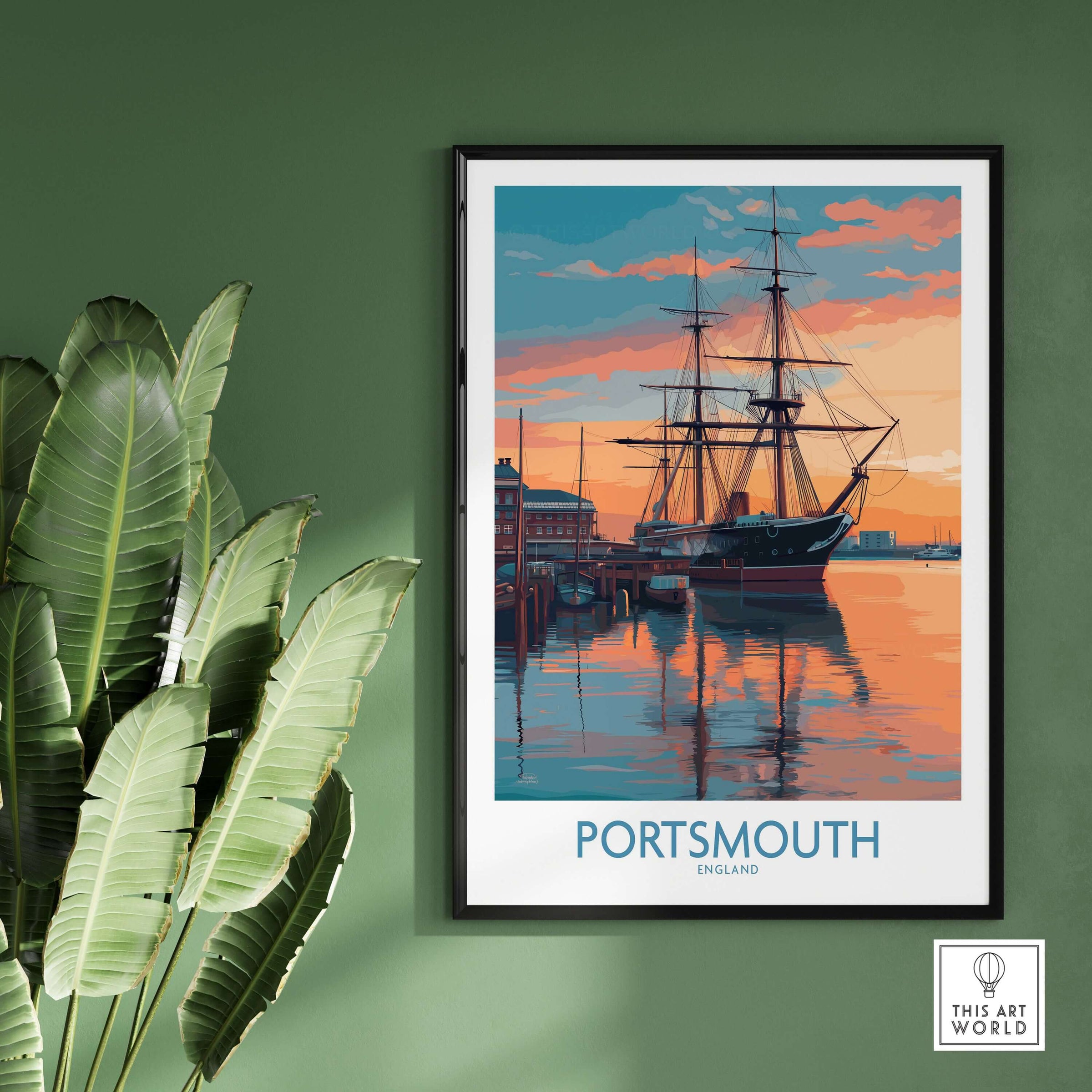 Portsmouth England Sunset Art Print | Naval Heritage Poster showcasing a ship and waterfront at sunset.