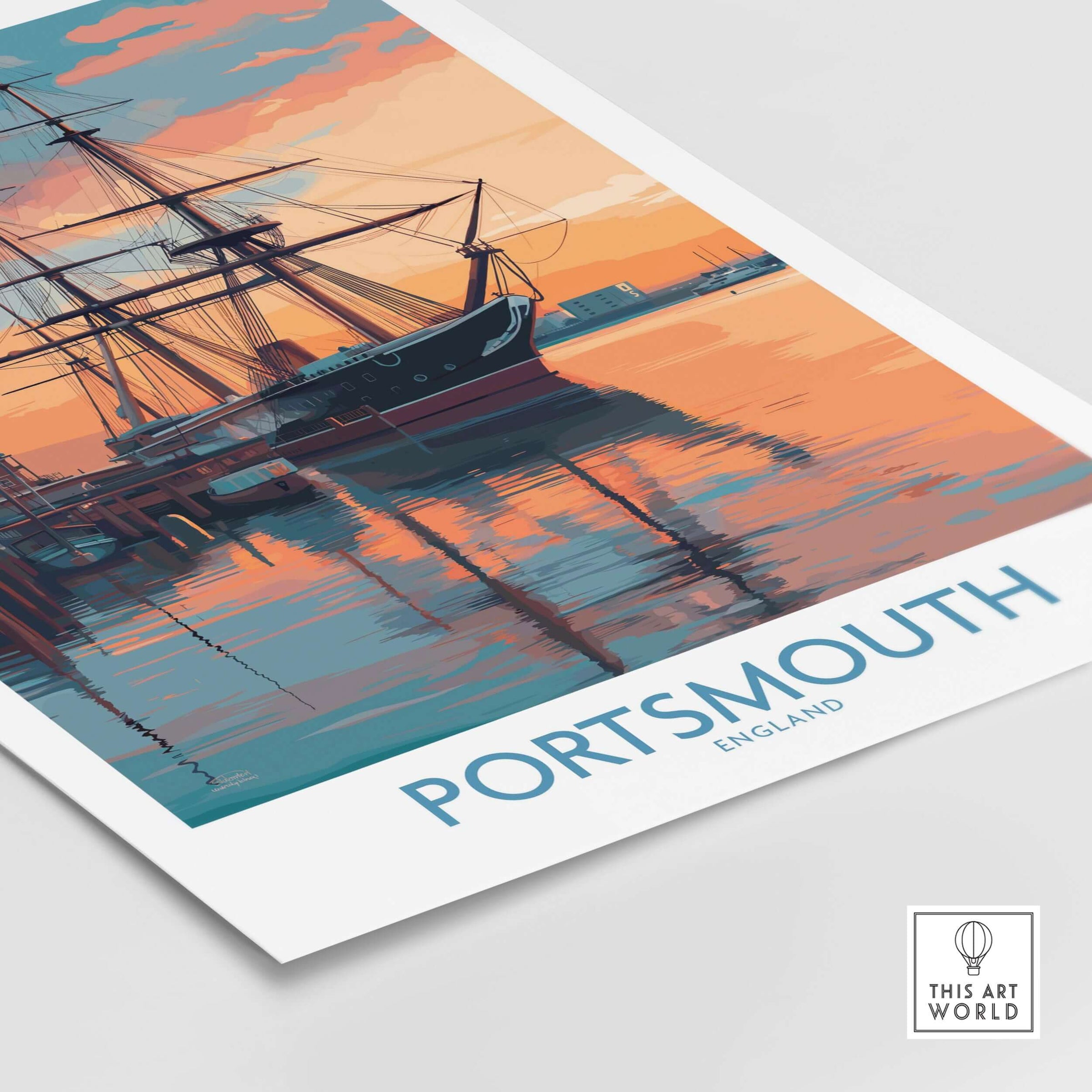 Portsmouth England Sunset Art Print | Naval Heritage Poster featuring a ship in a colorful sunset scene.