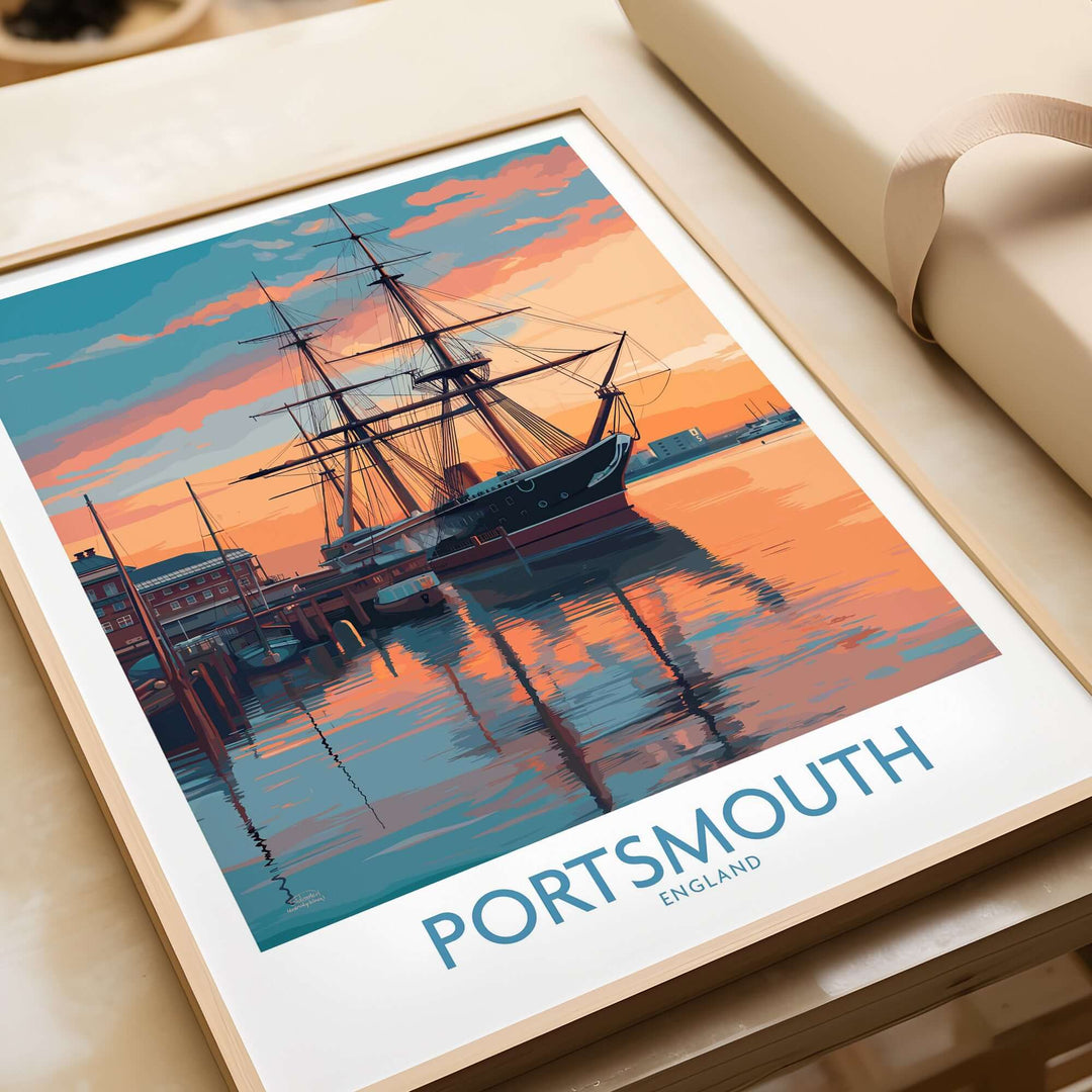 Portsmouth England Sunset Art Print | Naval Heritage Poster showcasing a ship at sunset on the water.