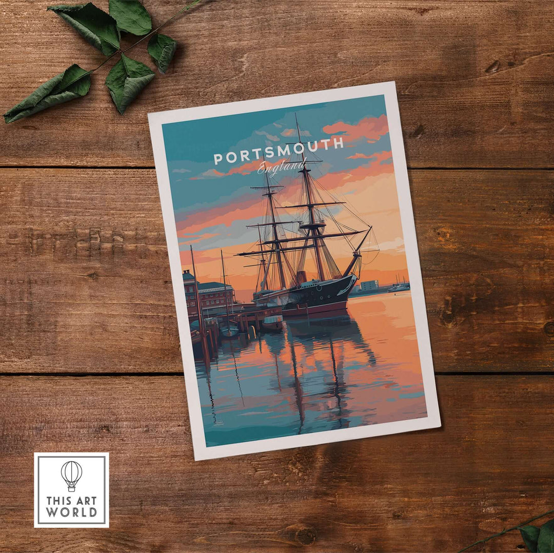 Portsmouth Old Port Print | English Seaside Wall Decor featuring a historic ship at sunset over the waterfront.