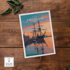 Portsmouth Old Port Print | English Seaside Wall Decor featuring a historic ship at sunset.
