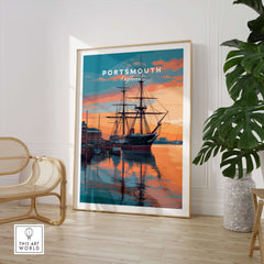 Portsmouth Old Port Print | English Seaside Wall Decor showcasing a historic ship at sunset in a stylish interior.