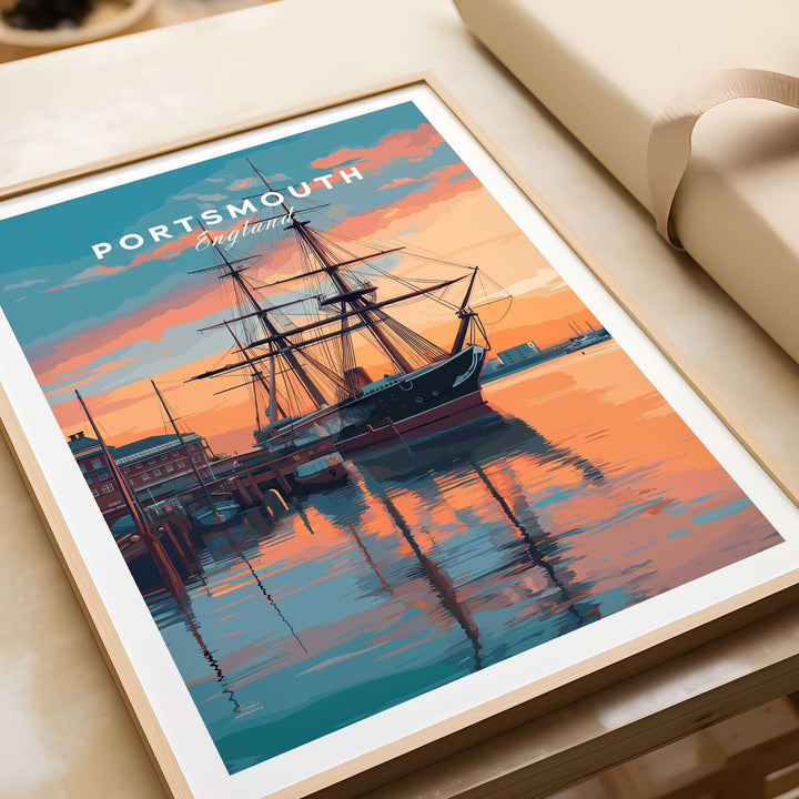Portsmouth Old Port Print | English Seaside Wall Decor showcasing a historic ship at sunset in Portsmouth, England.