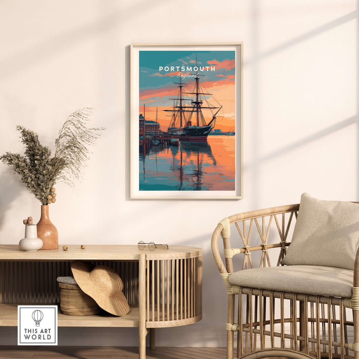 Portsmouth Old Port Print | English Seaside Wall Decor framed above a rattan chair in a stylish interior.