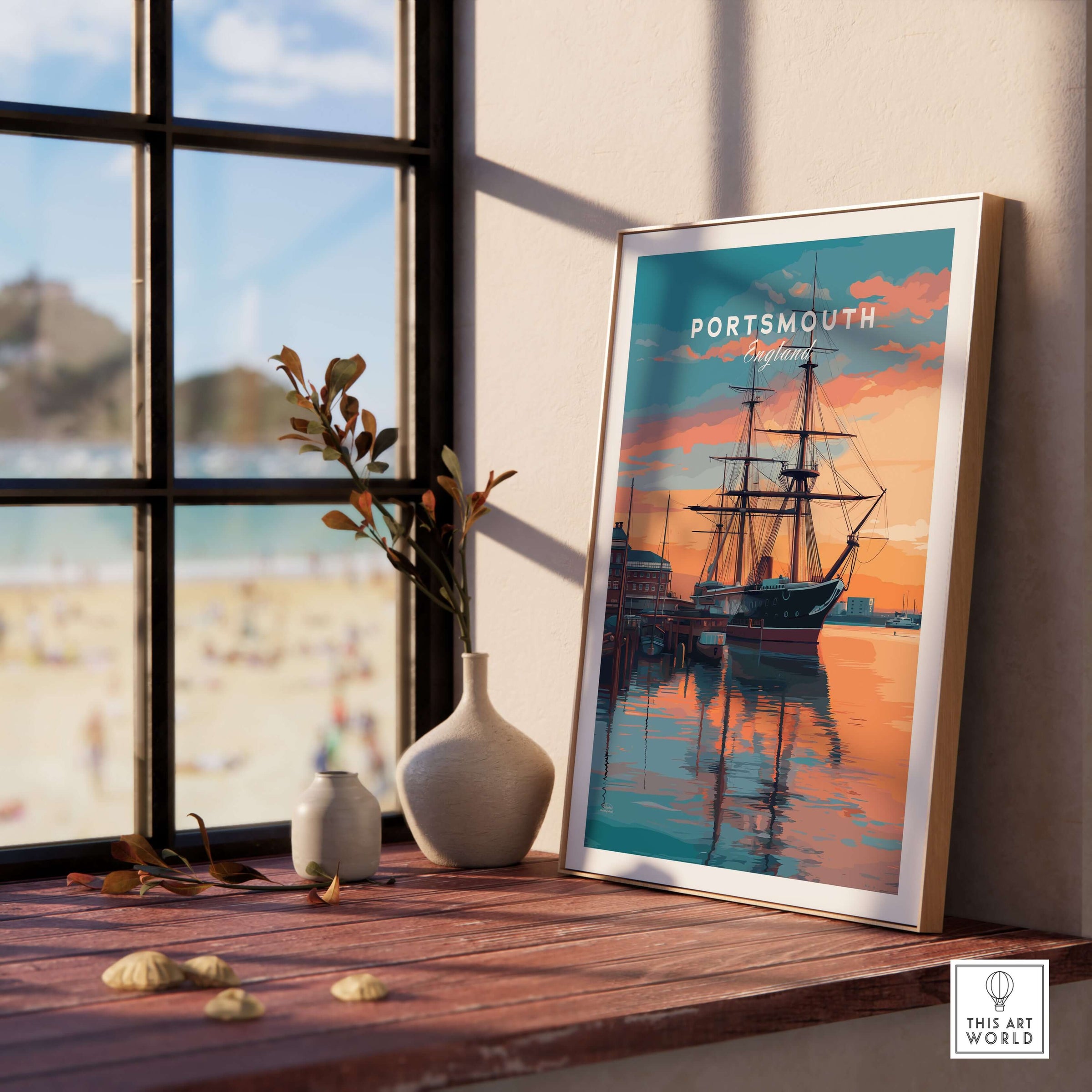 Portsmouth Old Port Print | English Seaside Wall Decor displayed on a wooden table by a window.
