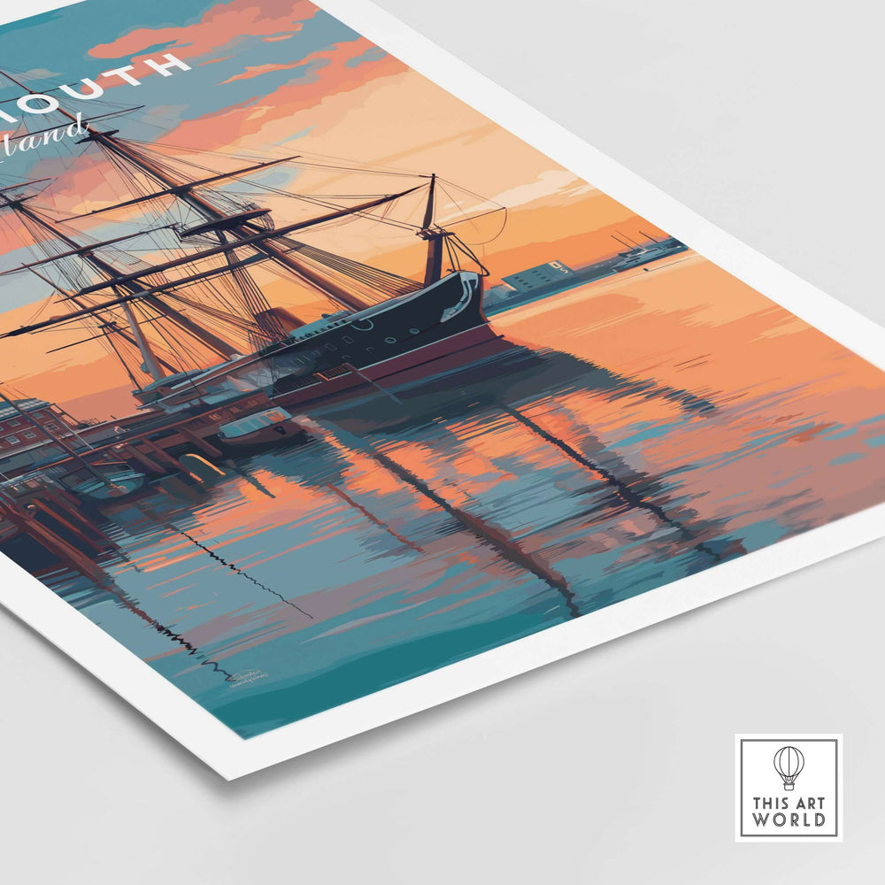 Portsmouth Old Port Print | English Seaside Wall Decor featuring a ship at sunset reflecting in the water.