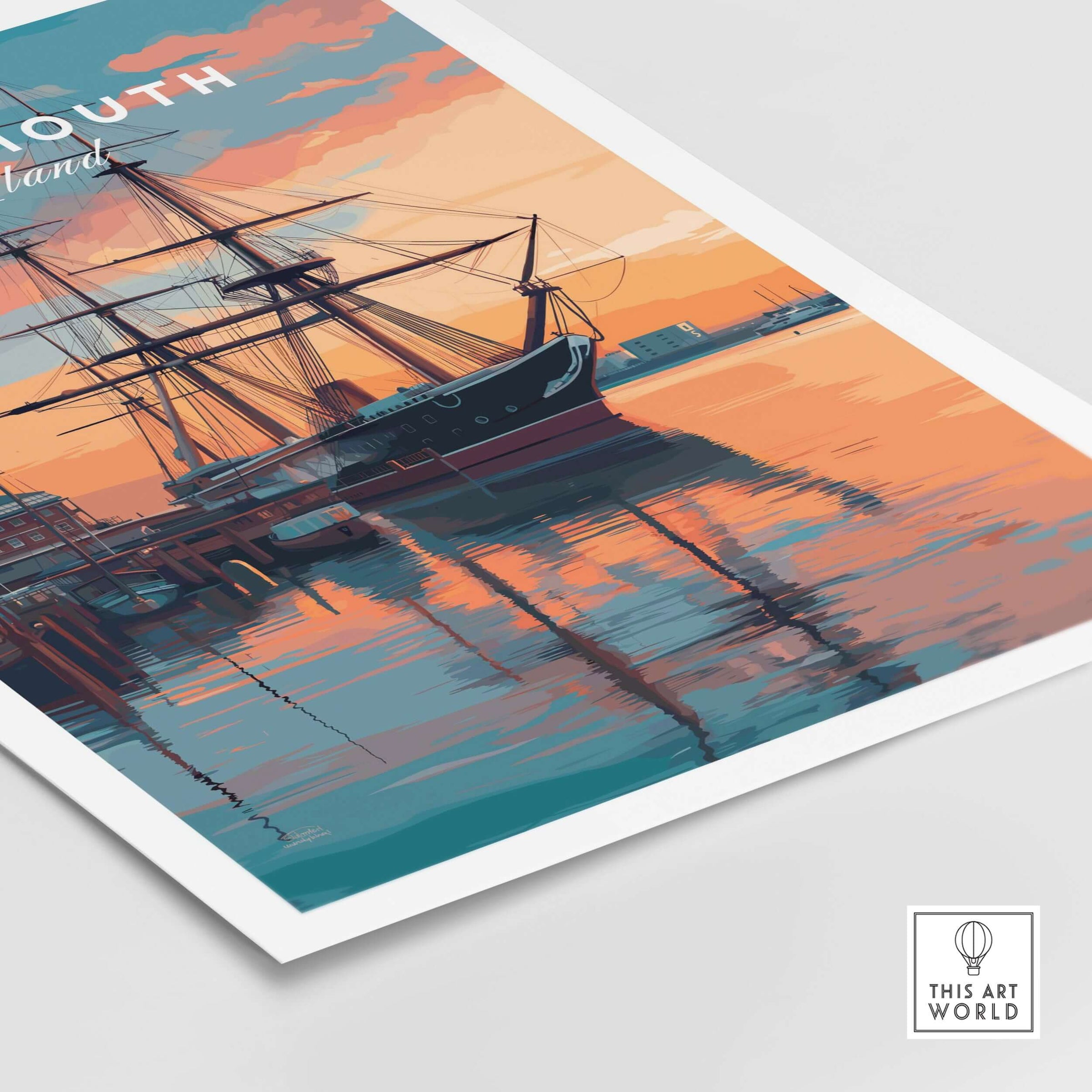 Portsmouth Old Port Print | English Seaside Wall Decor featuring a historic ship against an evening sky.