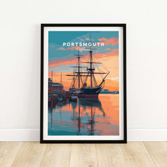 Portsmouth Old Port Print | English Seaside Wall Decor showcasing a historic ship at sunset in Portsmouth, England.