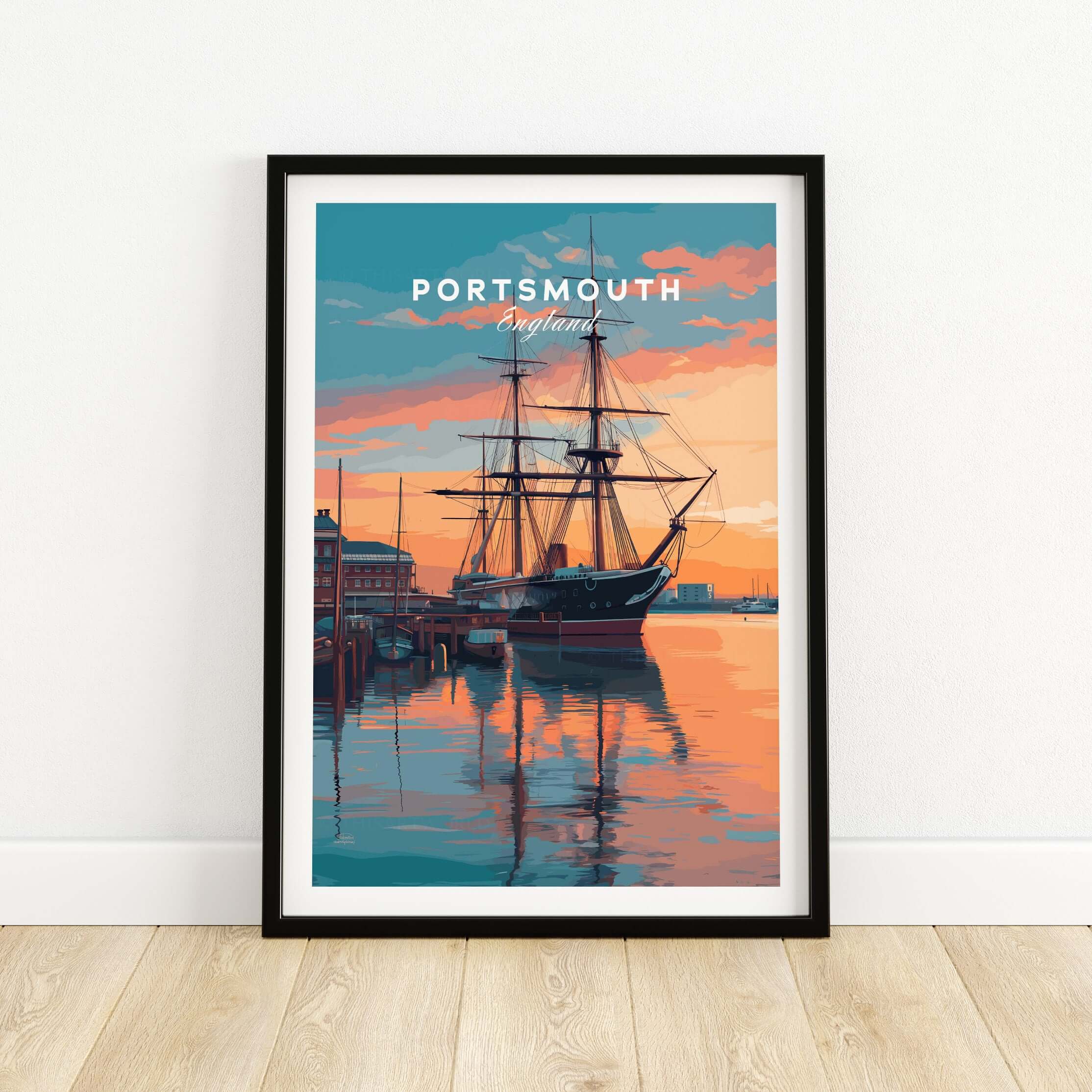 Portsmouth Old Port Print | English Seaside Wall Decor showcasing a historic ship at sunset in Portsmouth, England.