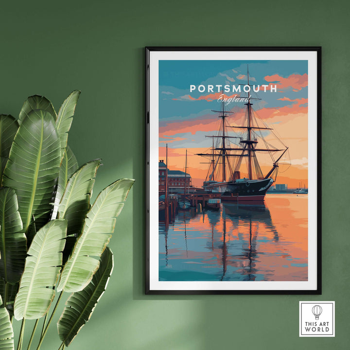 Portsmouth Old Port Print | English Seaside Wall Decor showcasing a sunset over a historic ship and waterfront.