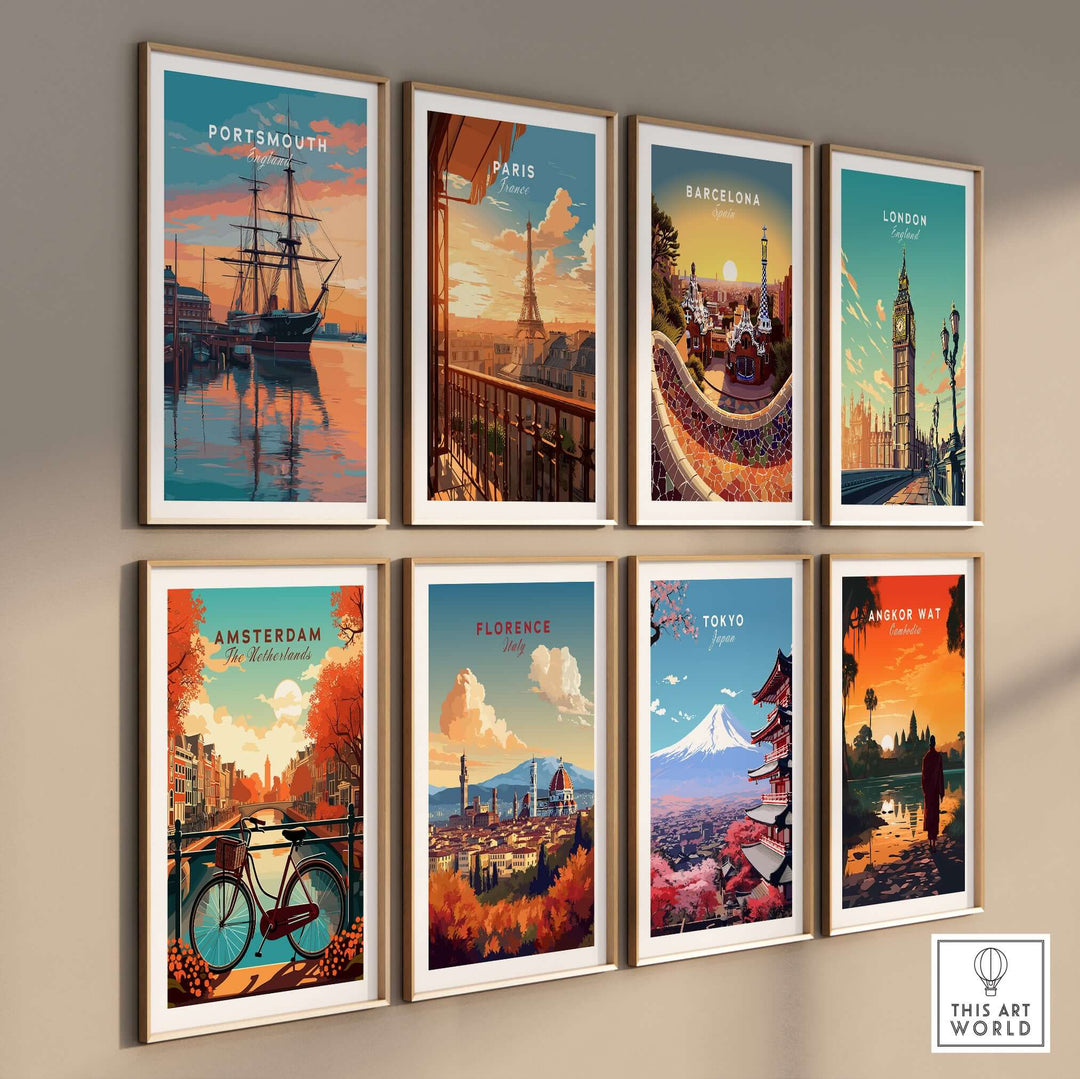 Portsmouth Old Port Print | English Seaside Wall Decor alongside other city prints in a stylish gallery wall arrangement.