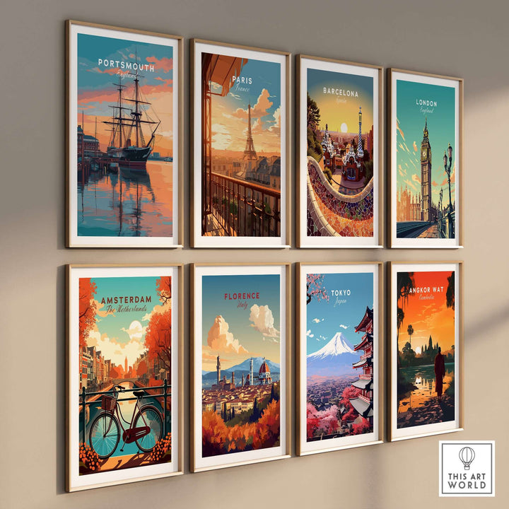 Portsmouth Old Port Print | English Seaside Wall Decor alongside other city prints in a stylish gallery wall arrangement.