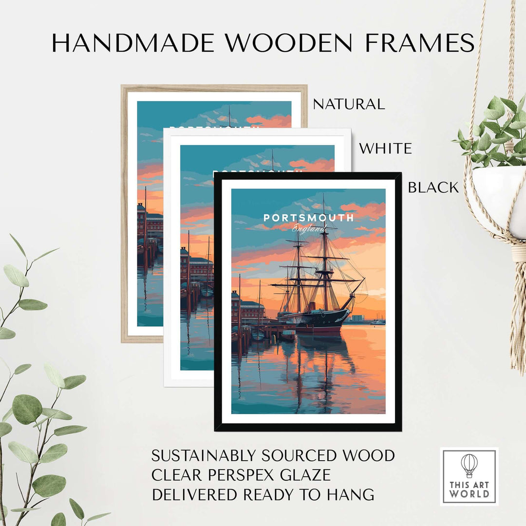 Handmade wooden frames in natural, white, and black options for Portsmouth Old Port Print | English Seaside Wall Decor.