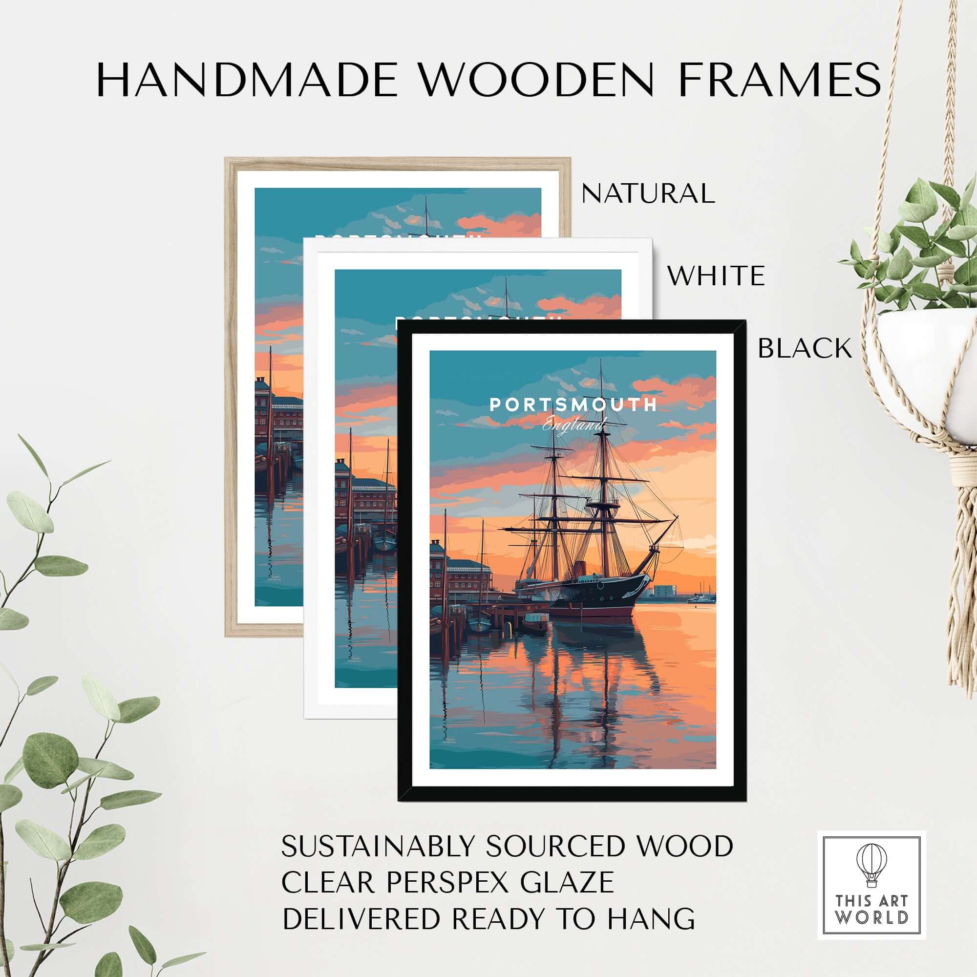 Handmade wooden frames for Portsmouth Old Port Print | English Seaside Wall Decor in natural, white, and black finishes.