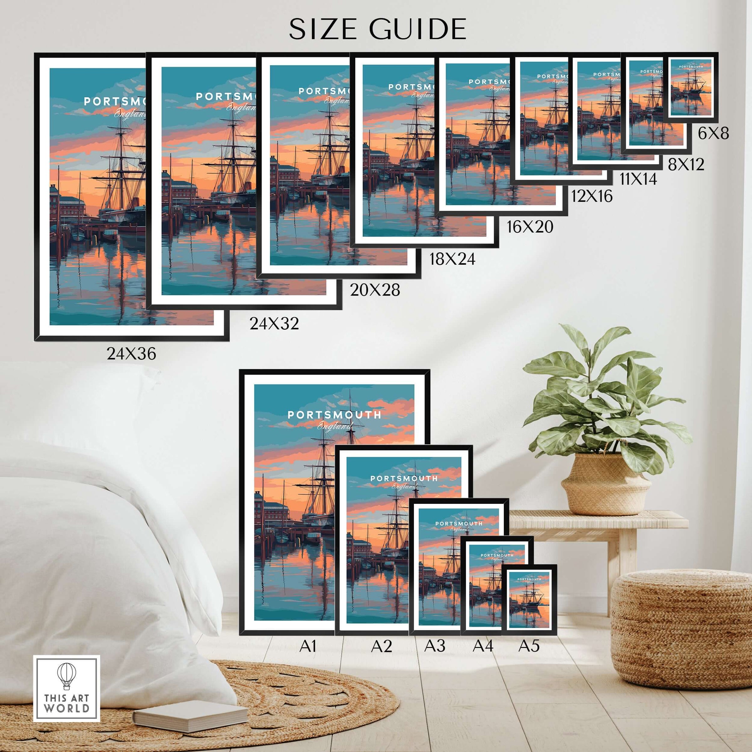 Portsmouth Old Port Print | English Seaside Wall Decor size guide with various frame sizes on display.