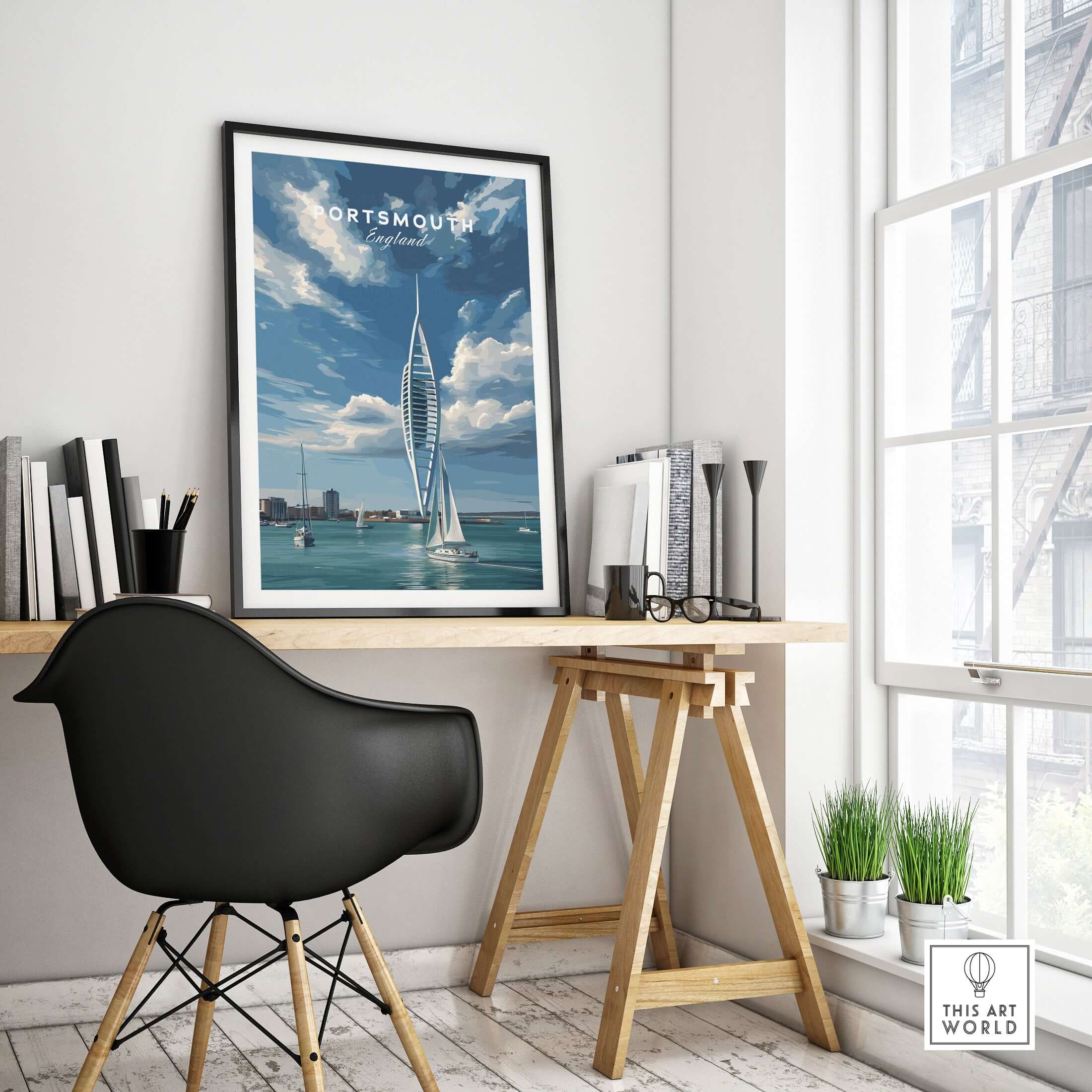 Portsmouth Print | Hampshire Coast Wall Decor featuring a coastal scene with a modern sailboat.