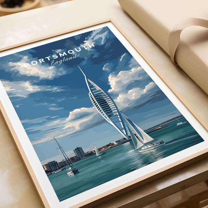 Portsmouth Print | Hampshire Coast Wall Decor showcasing the vibrant waterfront and historic skyline of Portsmouth, England.