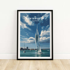 Portsmouth Print | Hampshire Coast Wall Decor featuring the iconic Spinnaker Tower and sailboats in the harbor.