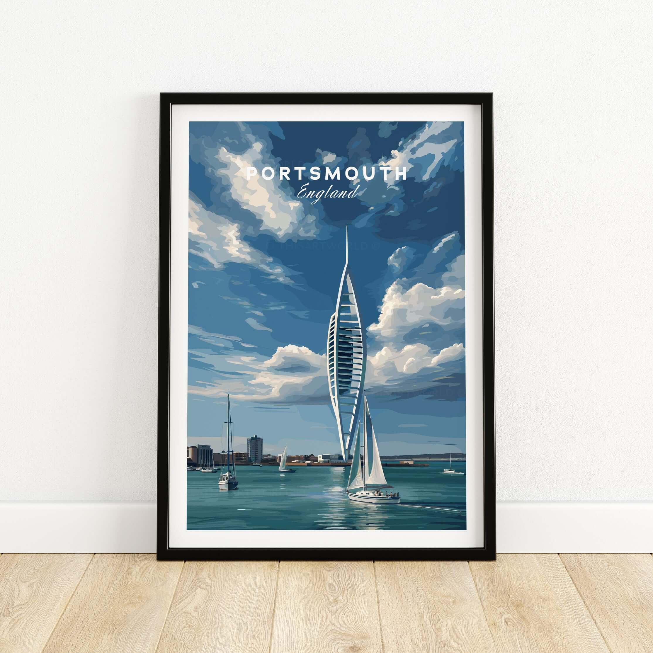 Portsmouth Print | Hampshire Coast Wall Decor featuring the iconic Spinnaker Tower and sailboats in the harbor.