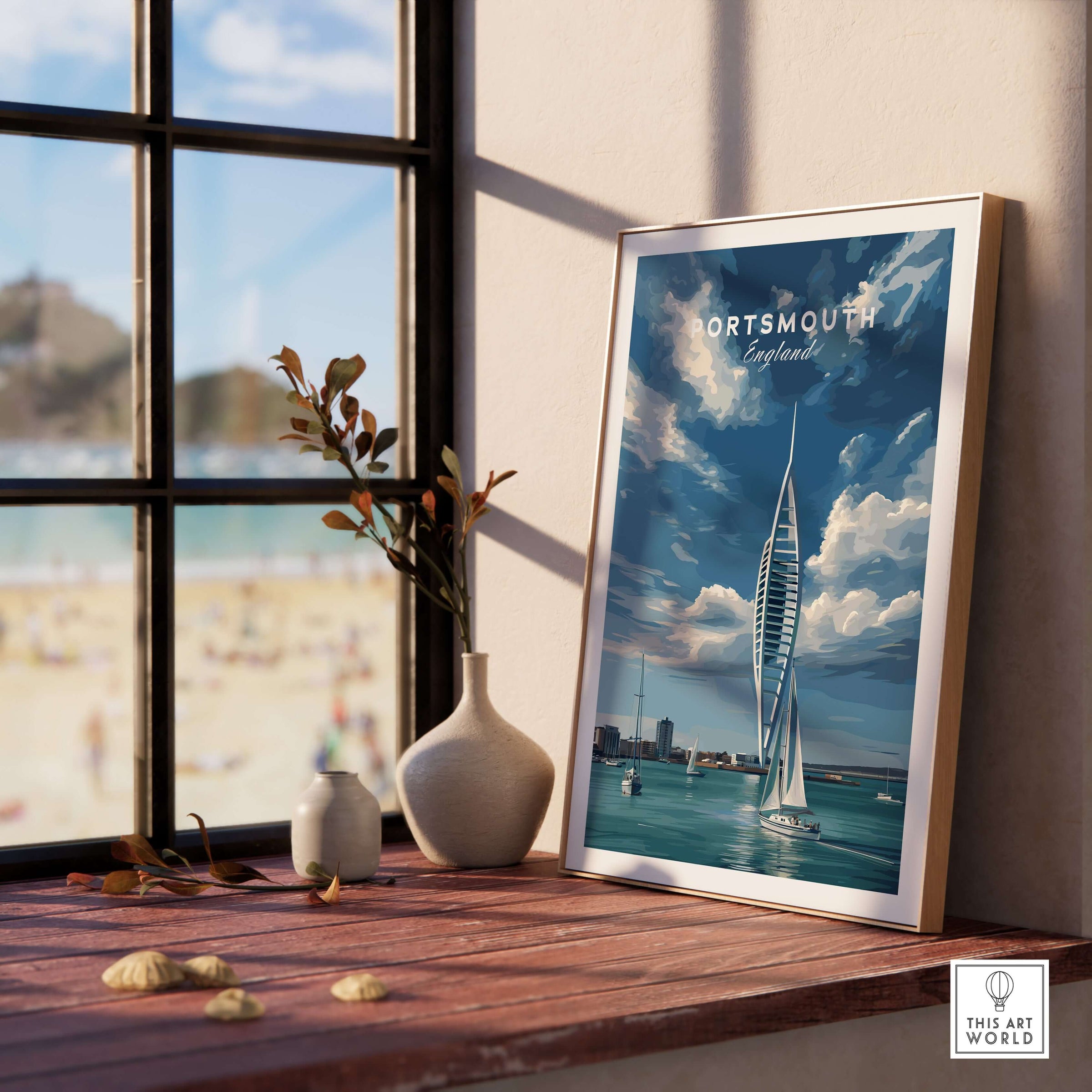 Portsmouth Print | Hampshire Coast Wall Decor featuring a vibrant coastal scene with a framed artwork by the window.