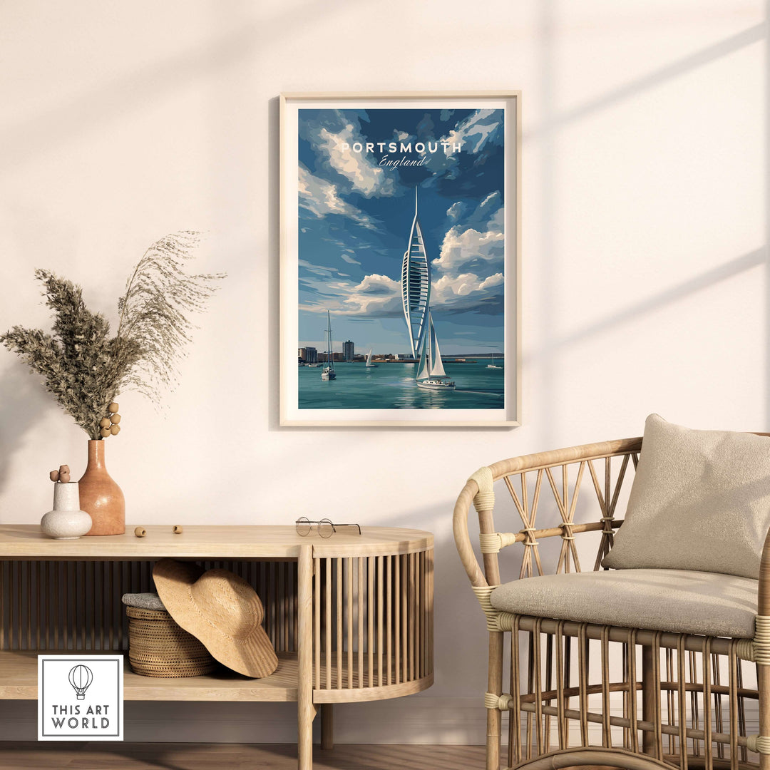 Portsmouth Print | Hampshire Coast Wall Decor featuring a sailboat and iconic architecture against a vibrant sky.
